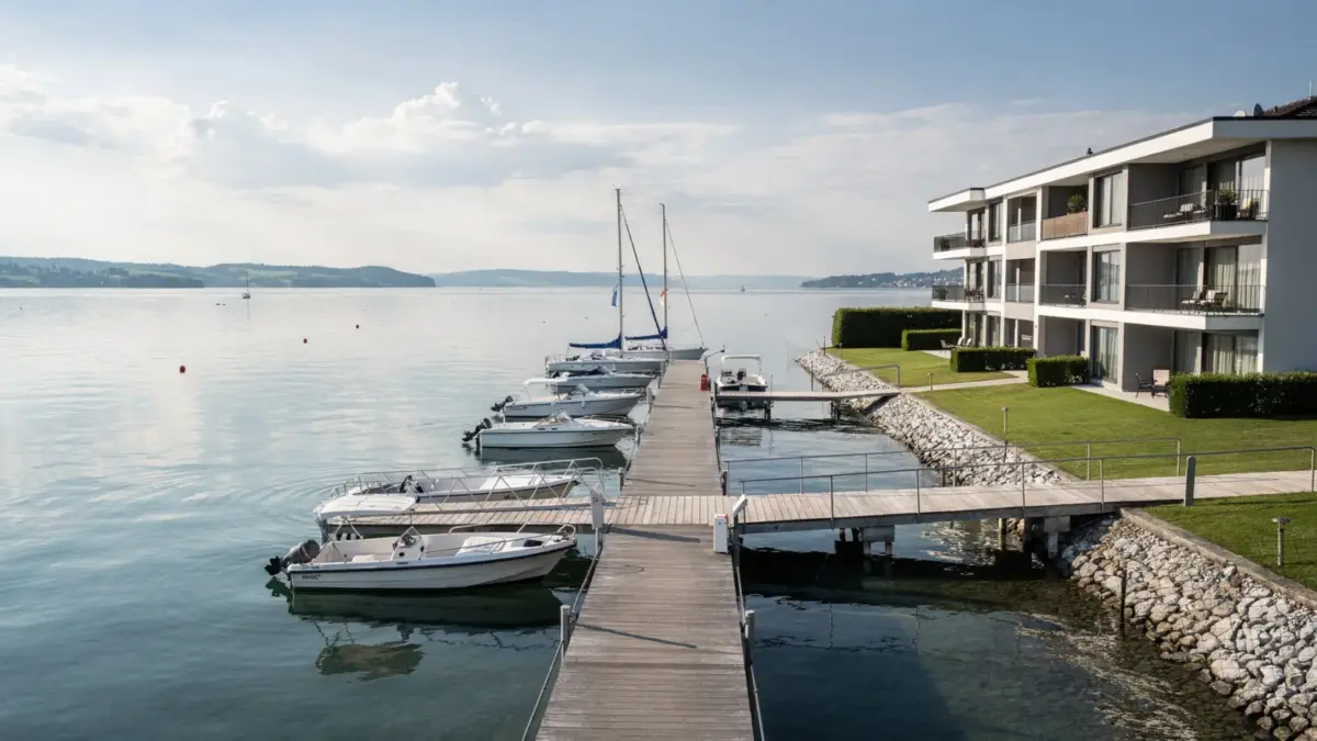 Hotel am Bodensee mit Bootssteg und liegenden Booten am Ufer