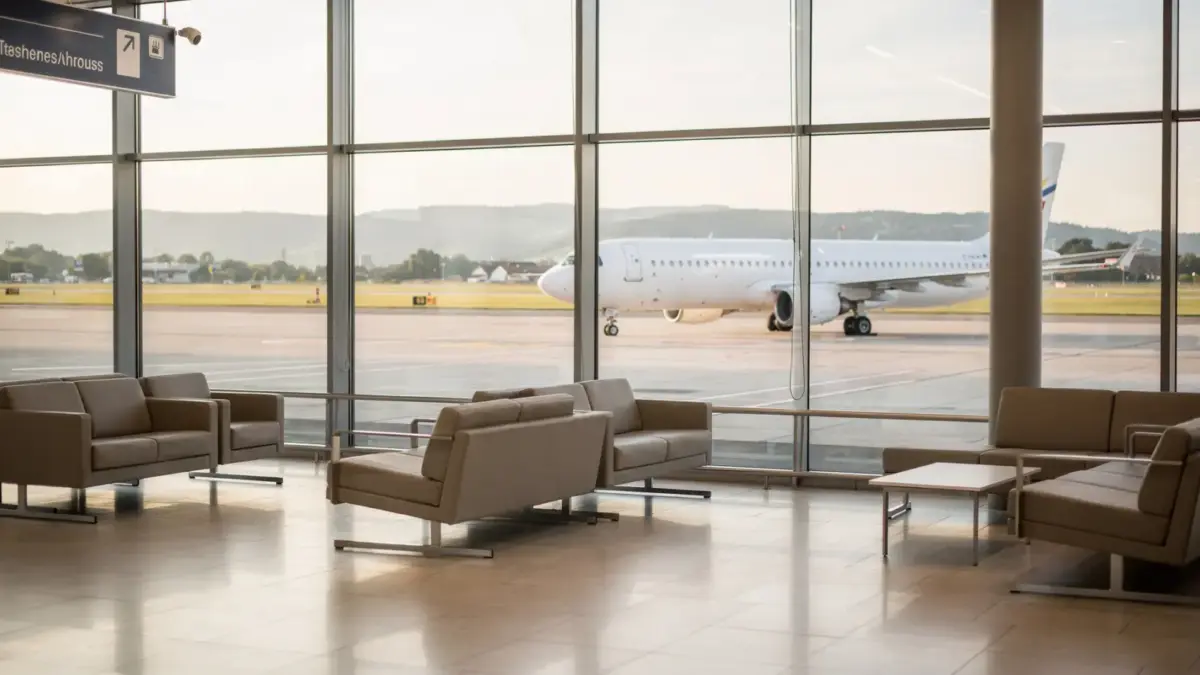 Flughafen-Terminal mit Flugzeug zur Bodensee-Anreise über nahe Flughäfen