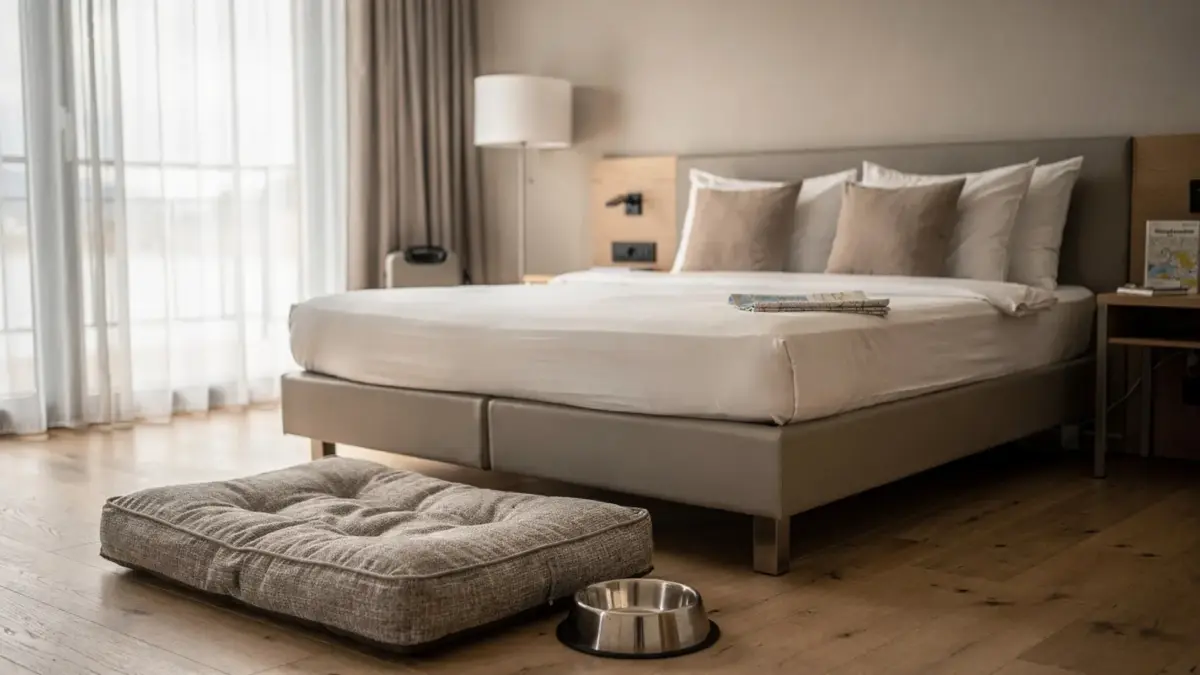 Hotelzimmer mit Hundebett und Napf am Bodensee für einen Aufenthalt mit Hund