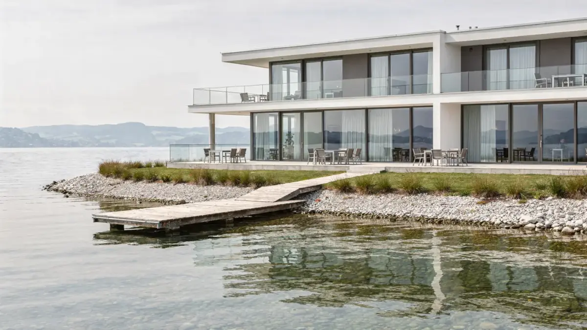 Hotel am Bodensee mit Seezugang: modernes Seehotel mit Steg und direktem Zugang zum Wasser