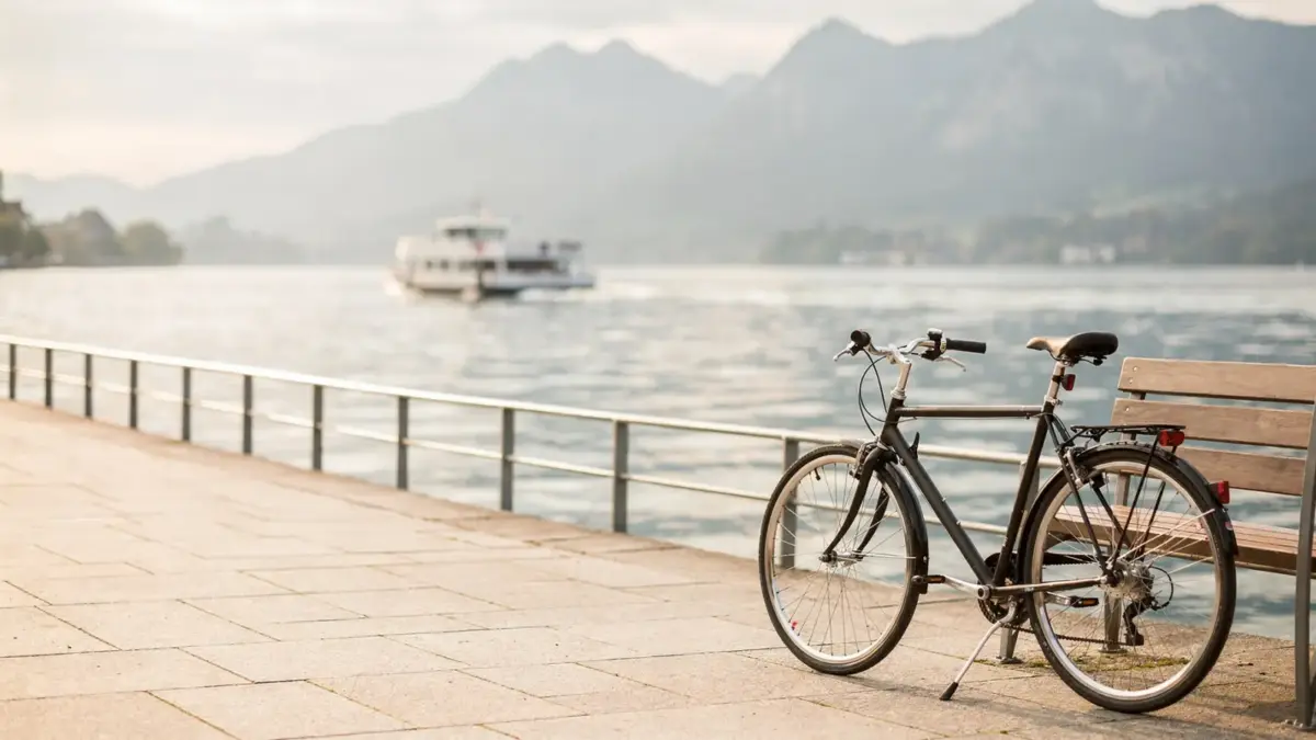 Landschaft am Bodensee mit Promenade, Fahrrad und Seeufer zum Thema Wochenendtrip