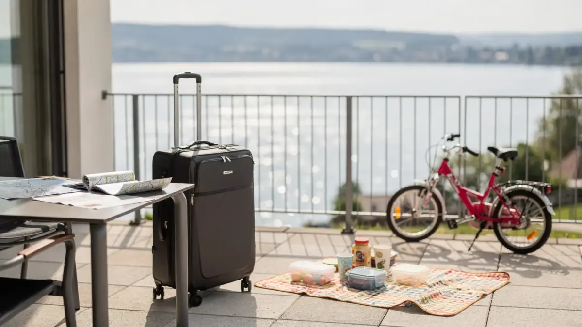 Bodensee-Familienurlaub: Ferienwohnung mit Koffer, Kinderfahrrad und Blick auf den See