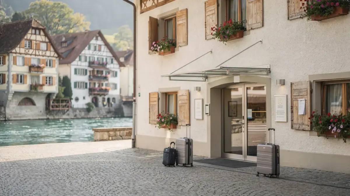 Hotel in Stein am Rhein am Rheinufer mit Altstadt als Hintergrund zum Thema Hotels in Stein am Rhein