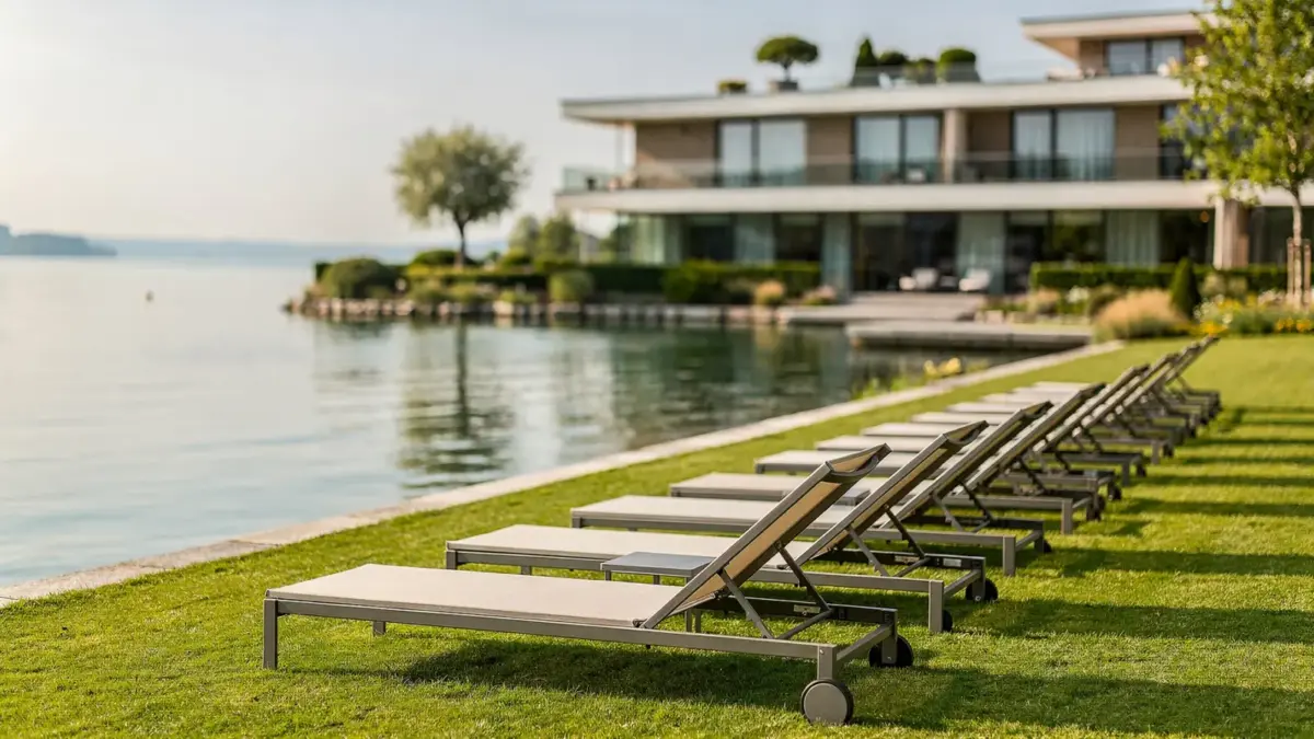 Hotel am Bodensee mit Liegewiese am See und Blick auf den ruhigen Uferbereich
