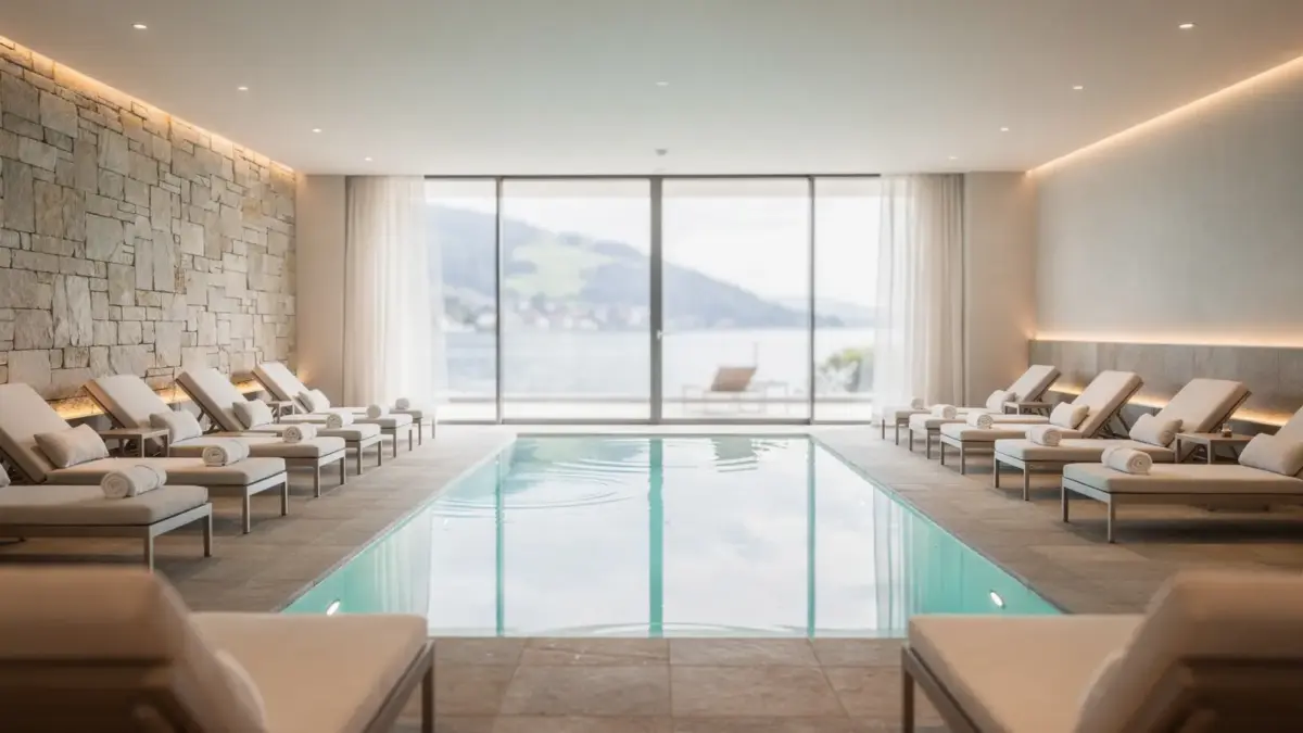 Wellnesshotel mit Spa am Bodensee: moderner Ruhebereich mit Pool und Liegen