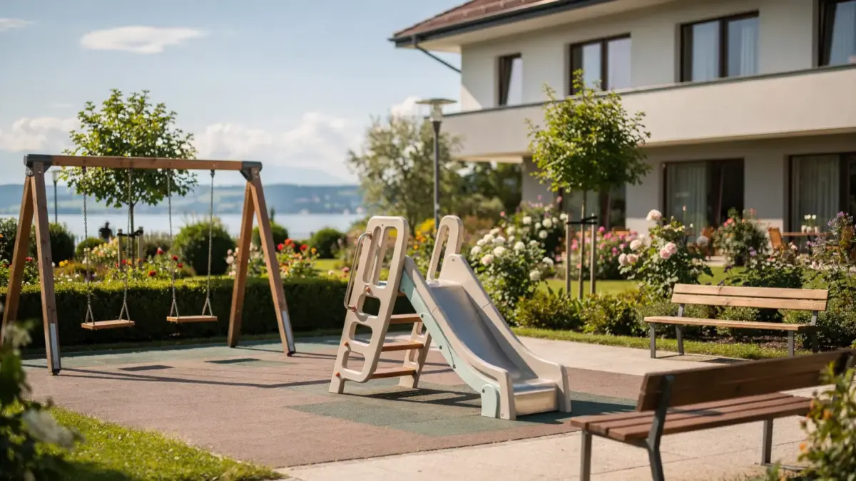 Spielplatz am Familienhotel am Bodensee mit Rutsche und Schaukeln
