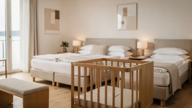 Familienzimmer im Familienhotel am Bodensee mit Doppelbett, zwei Einzelbetten und Kinderbett