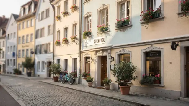 Hotel in der Konstanzer Altstadt mit historischen Fassaden und Kopfsteinpflaster zum Thema Hotels Konstanz Altstadt