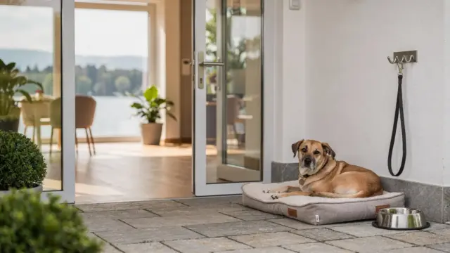 Hund im hundefreundlichen Hotel am Bodensee mit Hundebett und Wassernapf