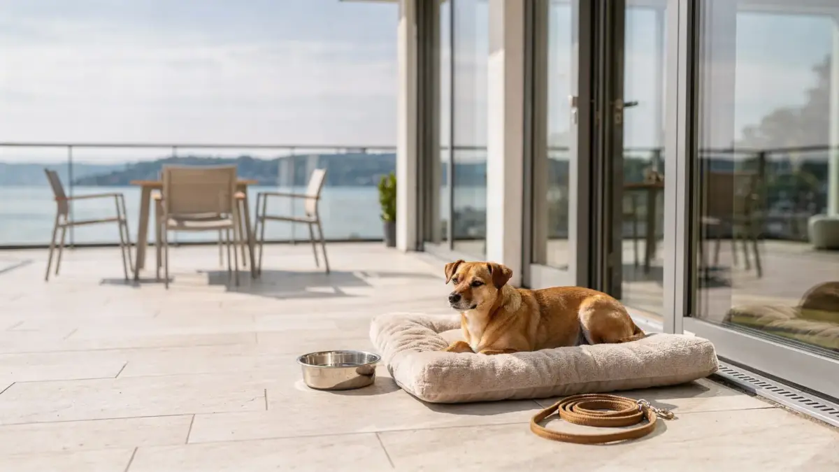 Hund am Bodensee vor einem hundefreundlichen Hotel mit Wassernapf und Hundebett