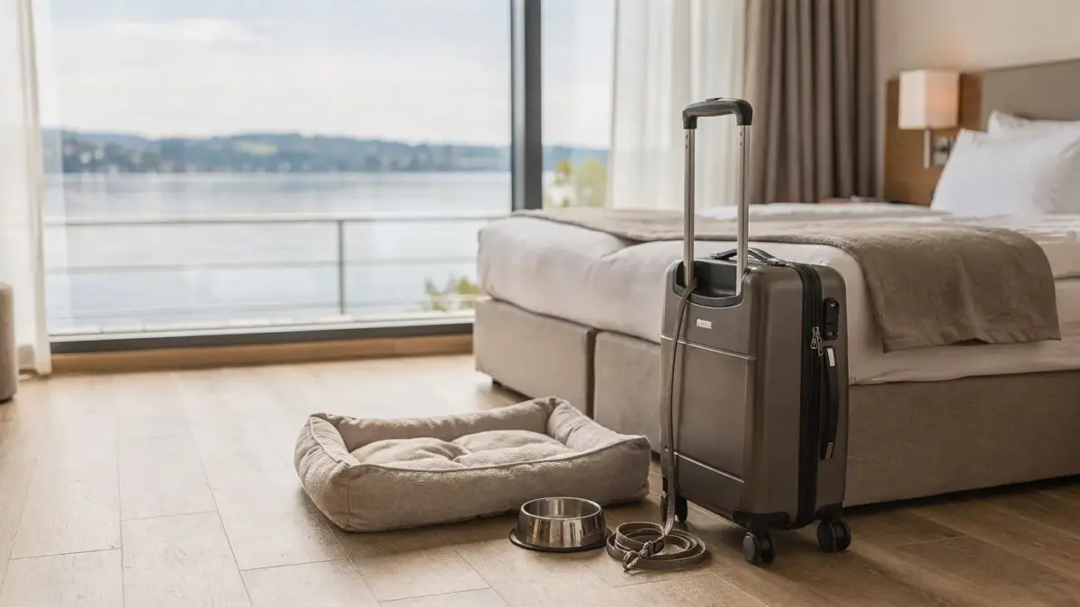 Hotelzimmer am Bodensee mit Hundebett und Wassernapf für den Artikel über Hotels ohne Hundegebühr