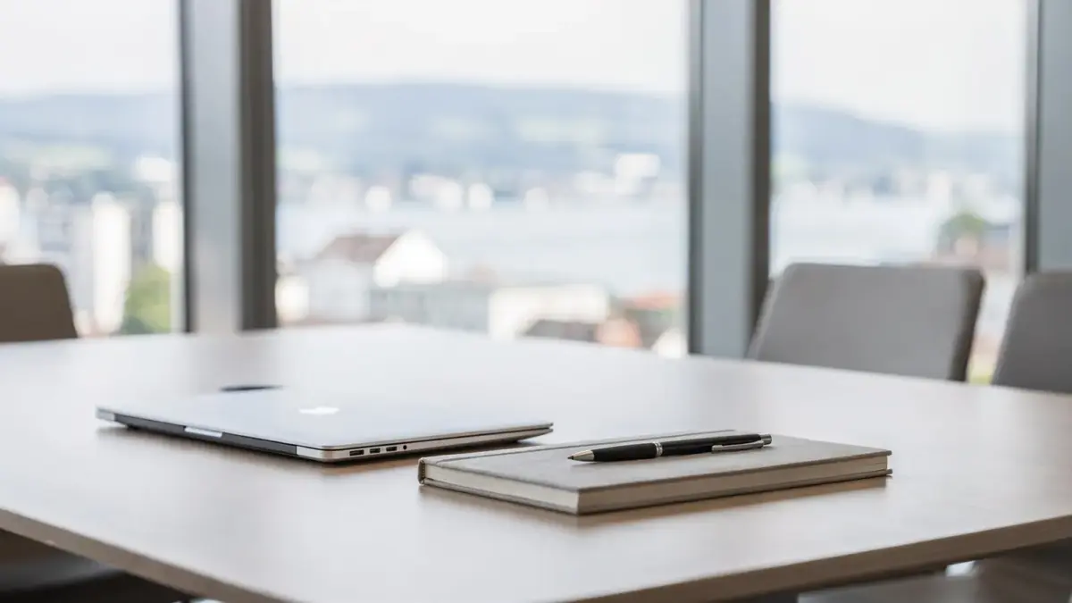 Modernes Bodensee Business Hotel mit Konferenztisch, Laptop und Blick auf den See für Geschäftsreisen